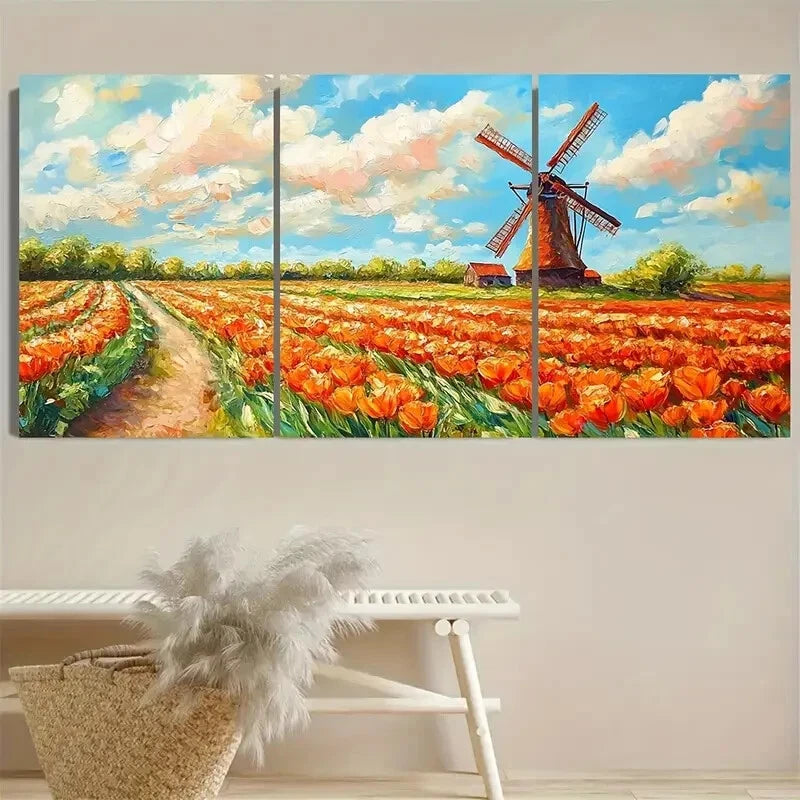 3pcs Windmill on Tulip Netherlands Holland Metal Print Ready to Hang Art - Bella Home Decor