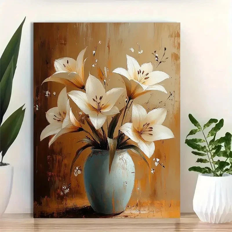 Elegant White Lilies Abstract Floral Painting 40x60cm Metal Print Ready to Hang - Bella Home Decor