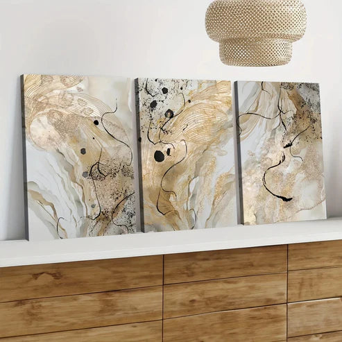 3pcs Golden Marble Abstract Golden Black Lines Wall Art Set Canvas Unframed - High Quality Print 100% Australian Made Wall Canvas - Bella Home Decor
