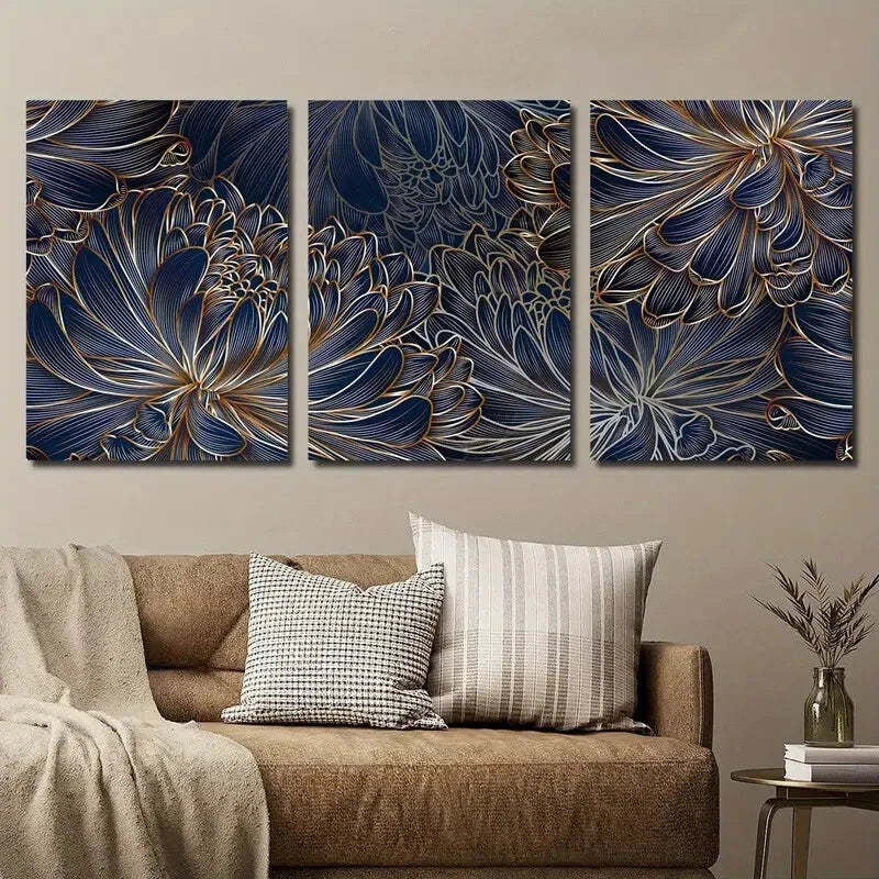 3pcs Luxury Vintage Botanical Golden Line Flowers Metal Print Ready to Hang Art
