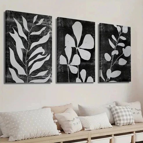 3pcs Black and White Abstract Leaf Botanical Wall Art Set Canvas Unframed - High Quality Print 100% Australian Made Wall Canvas - Bella Home Decor