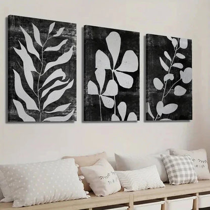 3pcs Black and White Abstract Leaf Botanical Wall Art Set Canvas Unframed - High Quality Print 100% Australian Made Wall Canvas - Bella Home Decor
