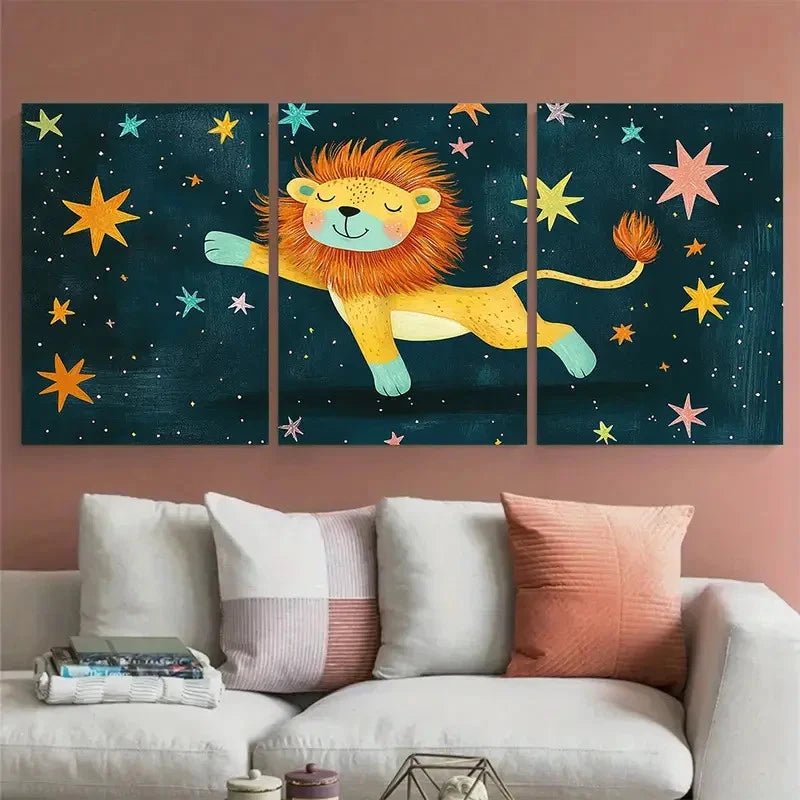 3pcs Little Lion Dancing Nursery Design Wall Art Set Canvas Framed 50x70cm - High Quality Print 100% Australian Made Wall Canvas Ready to Hang