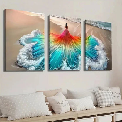3pcs Beautiful Woman Art in Beach Wave Dress Wall Art Set Canvas Unframed - High Quality Print 100% Australian Made Wall Canvas - Bella Home Decor