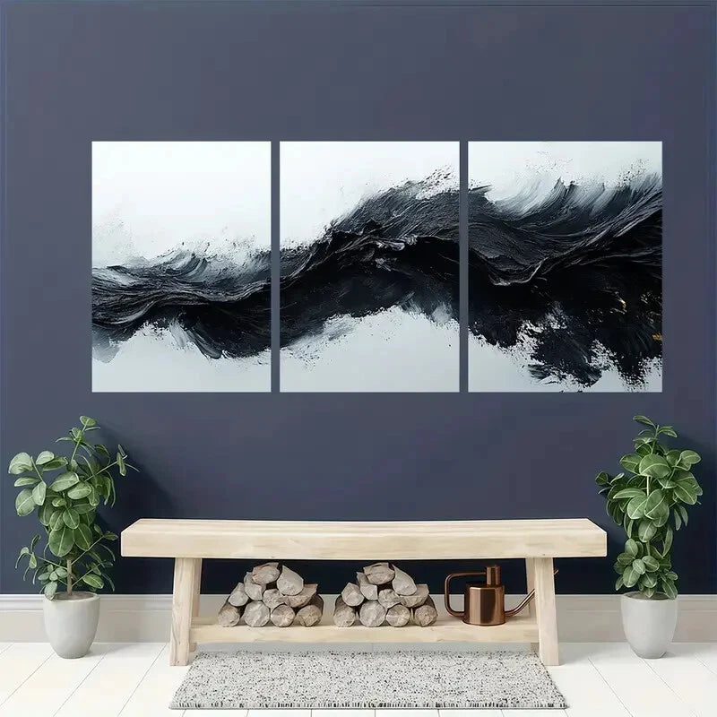 3pcs Abstract Black and White Minimalist Textured Metal Print Ready to Hang Art