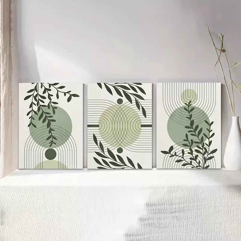 3pcs Abstract Geometric Prints in Green & Grey Canvas Framed 40x60cm - High Quality Print 100% Australian Made Wall Canvas Ready to Hang - Bella Home Decor