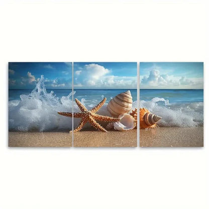 3pcs Coastal Beach Photography Starfish & Shells Wall Art Canvas Unframed - High Quality Print 100% Australian Made Wall Canvas - Bella Home Decor