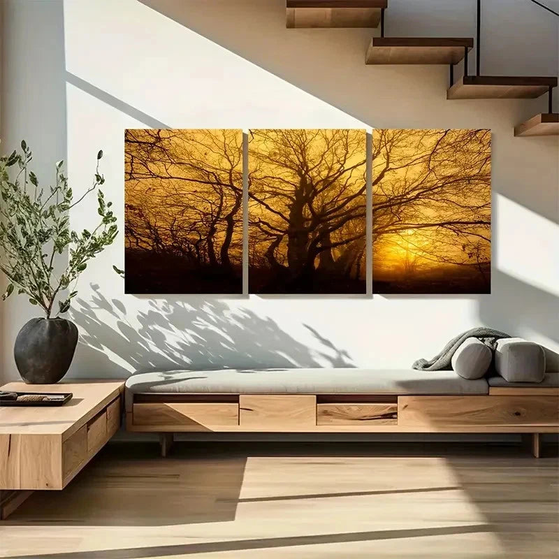 3pcs Foggy Mist Forest Trees Metal Print Ready to Hang Art - Bella Home Decor