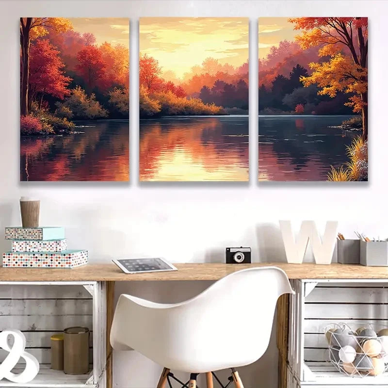3pcs Golden Sunset Reflecting On Autumn Water Wall Art Set Canvas Framed 50x70cm - High Quality Print 100% Australian Made Wall Canvas Ready to Hang - Bella Home Decor