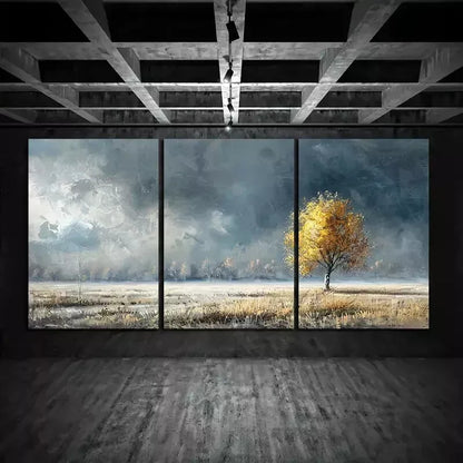 3pcs Autumn Meadow Covered with Frost on Which Tree Wall Art Set Canvas Framed 50x70cm - High Quality Print 100% Australian Made Wall Canvas Ready to Hang