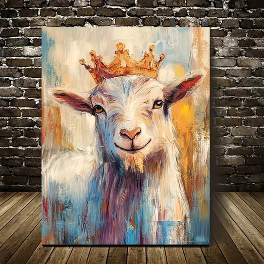 Crowned Goat Portrait With Vibrant Blue Painting 40x60cm Metal Print Ready to Hang - Bella Home Decor
