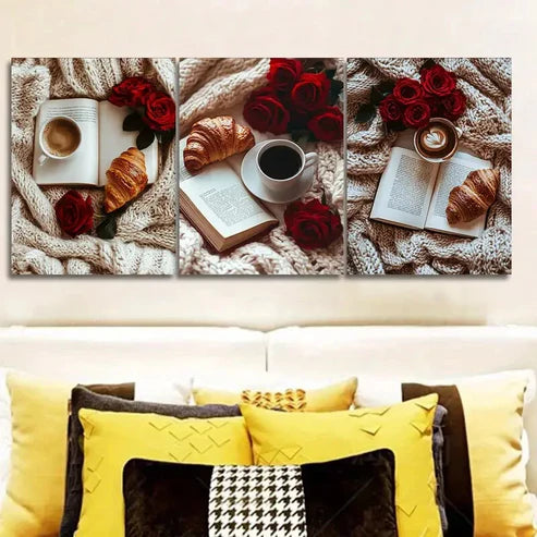 3pcs A book, red roses, bread Wall Art Set Canvas Unframed - High Quality Print 100% Australian Made Wall Canvas - Bella Home Decor