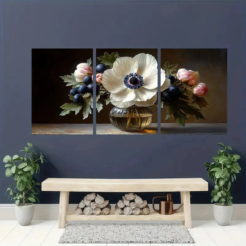 3pcs Sweet Anemone & Blueberries Still Life Art Metal Print Ready to Hang Art - Bella Home Decor