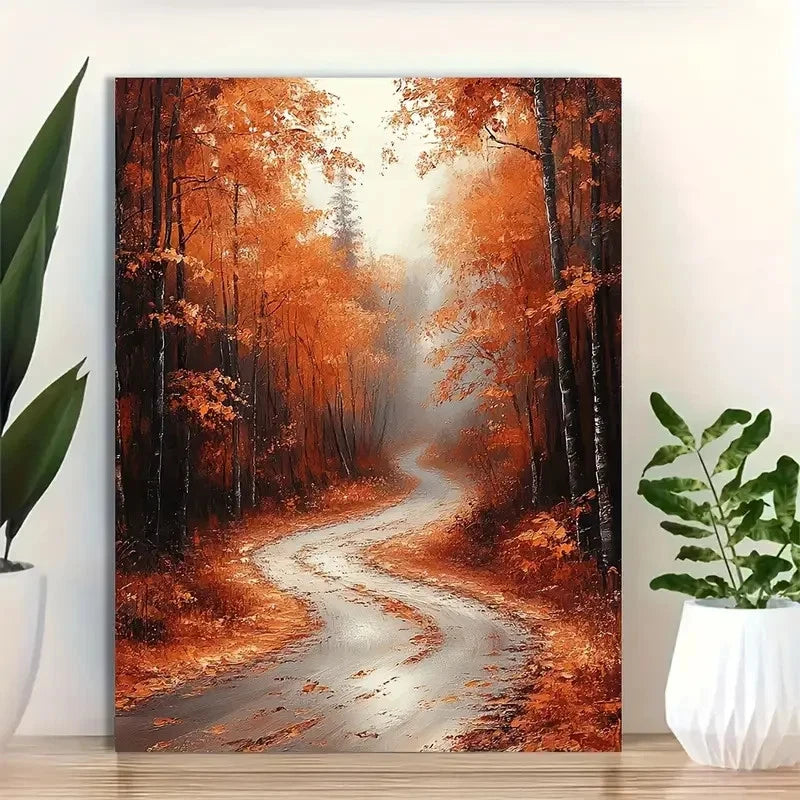 Beautiful Autumnal Forest Road Painting 40x60cm Metal Print Ready to Hang - Bella Home Decor