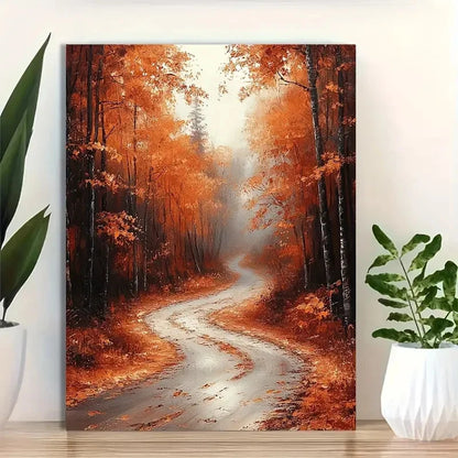 Beautiful Autumnal Forest Road Painting 40x60cm Metal Print Ready to Hang - Bella Home Decor