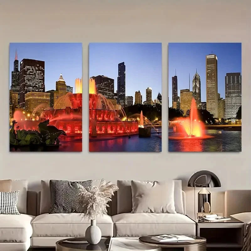 3pcs Chicago Buckingham Fountain Metal Print Ready to Hang Art - Bella Home Decor