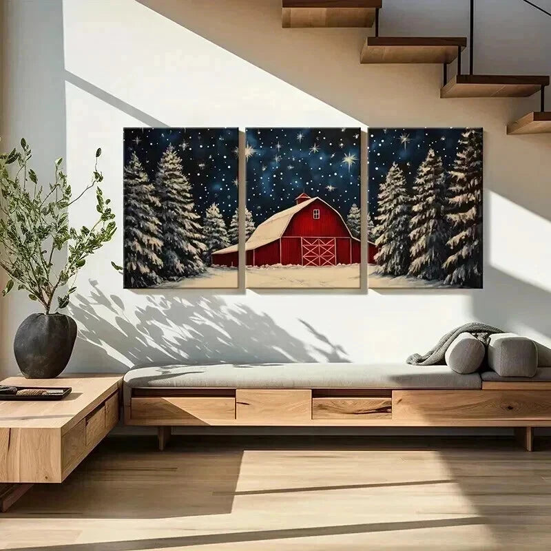 3pcs Winter Barn & Snowy Trees Starry Night Metal Print Ready to Hang Art - Bella Home Decor