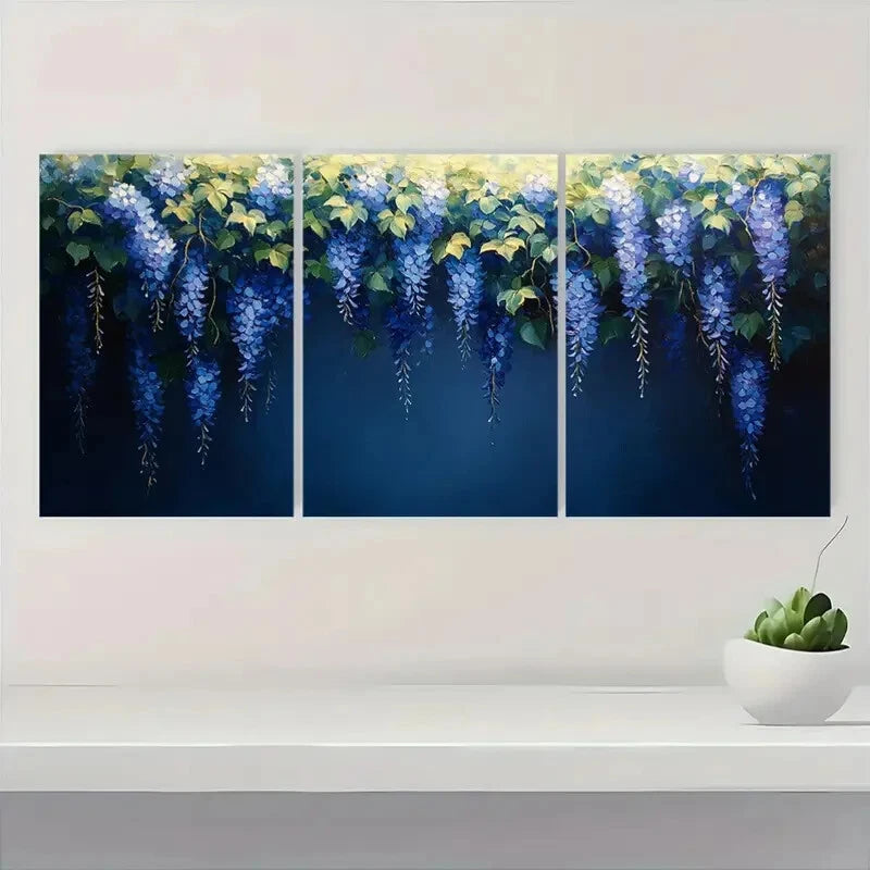 3pcs Wisteria Flower Blue & White Vine Design Metal Print Ready to Hang Art - Bella Home Decor