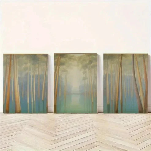 3pcs Tall Trees, Misty Forest, Water Reflection  Wall Art Set Canvas Unframed - High Quality Print 100% Australian Made Wall Canvas