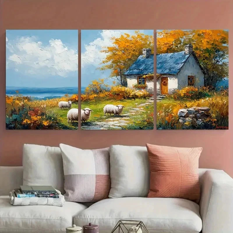 3pcs Cozy Country Home Sheep and Cottage Landscape Metal Print Ready to Hang Art - Bella Home Decor