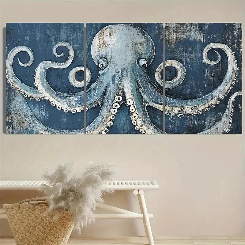 3pcs Blue Octopus Art Nautical Wall Art Set Canvas Framed 50x70cm - High Quality Print 100% Australian Made Wall Canvas Ready to Hang - Bella Home Decor