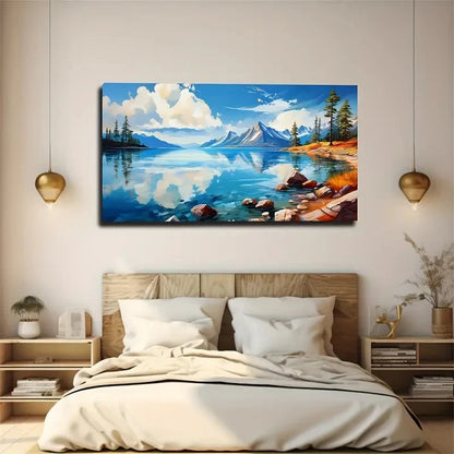 Serene Lake Scene With Blue Sky Wall Art Canvas Office Home Room Framed 120x60cm
