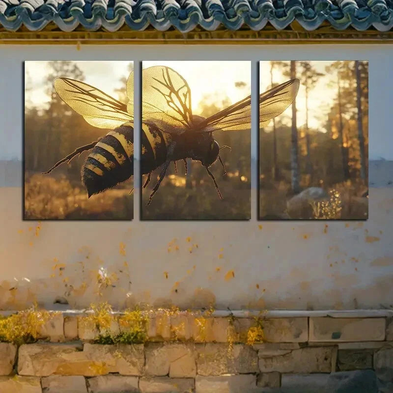 3pcs Vibrant Bee Hovering in The Forest Metal Print Ready to Hang Art
