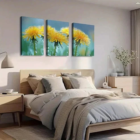 3pcs Morning Dewdrops on Yellow Flowers Art Set Canvas Unframed - High Quality Print 100% Australian Made Wall Canvas