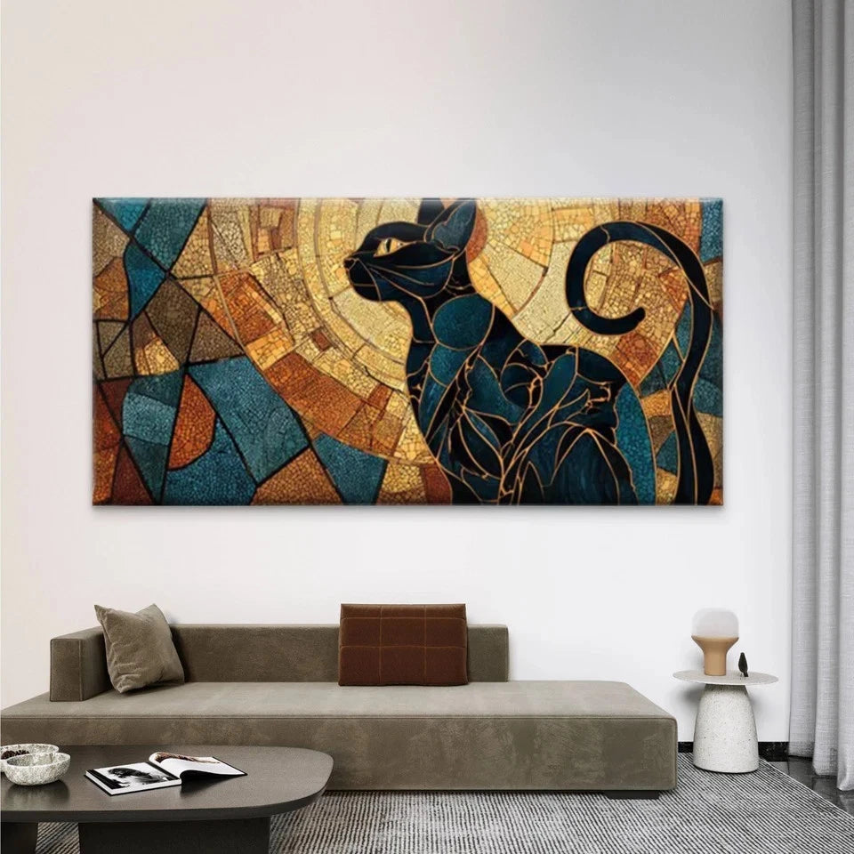 Cat Silhouette with Mosaic Wall Art Canvas Office Home Room Framed 120x60cm