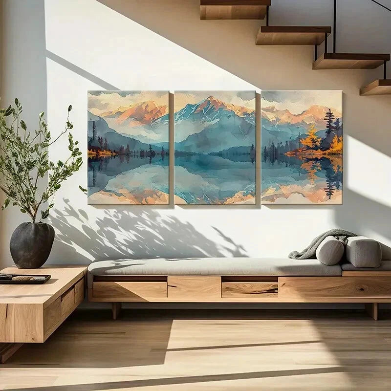 3pcs Watercolor Style Mountains Reflection Lake Metal Print Ready to Hang Art - Bella Home Decor