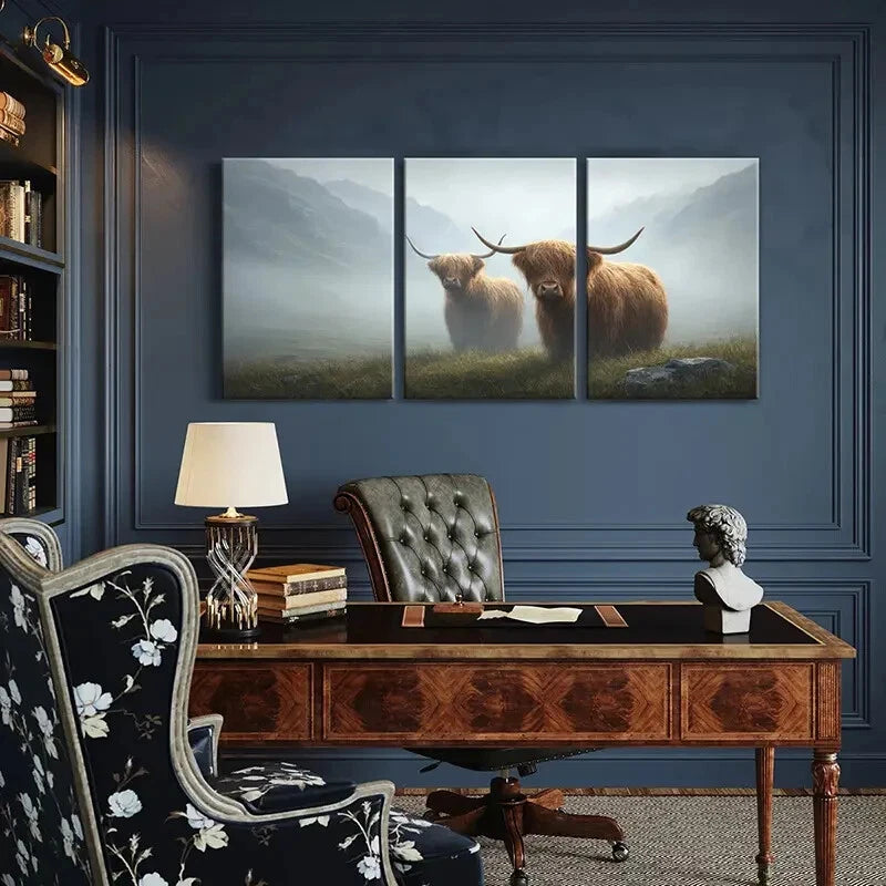 3pcs Highland Cattle Foggy Mountain Landscape Metal Print Ready to Hang Art - Bella Home Decor