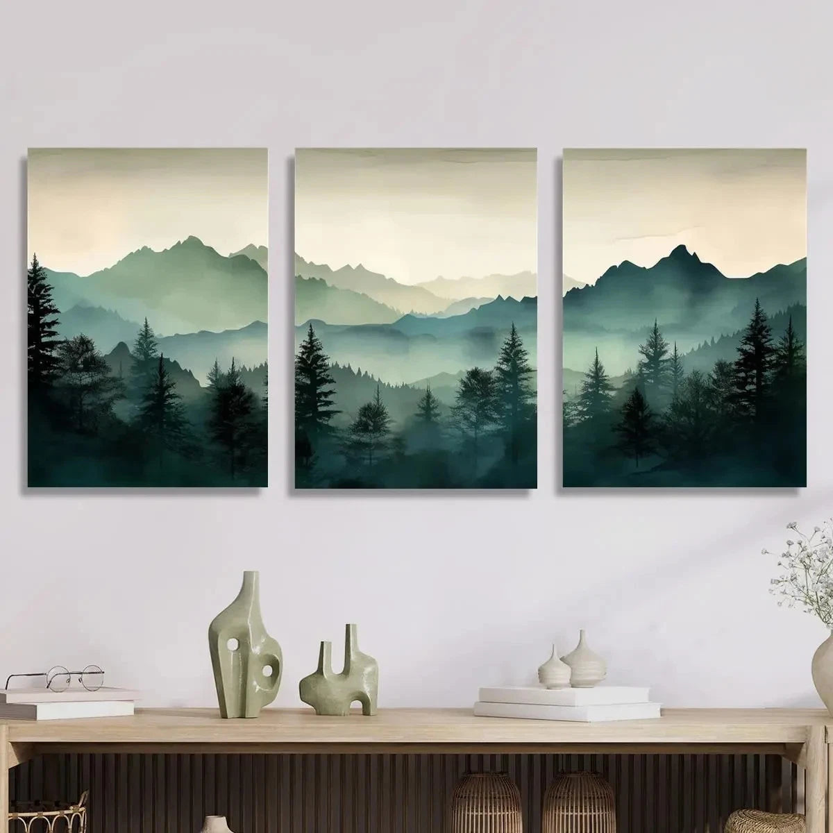 3pcs Green Mountains and Forest Metal Print Ready to Hang Art - Bella Home Decor