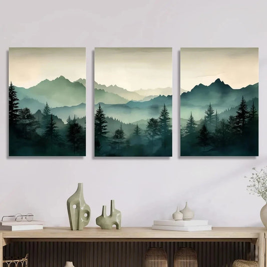3pcs Green Mountains and Forest Metal Print Ready to Hang Art