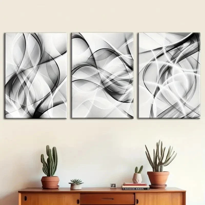 3pcs Black & White Abstract Geometric Lines Metal Print Ready to Hang Art - Bella Home Decor