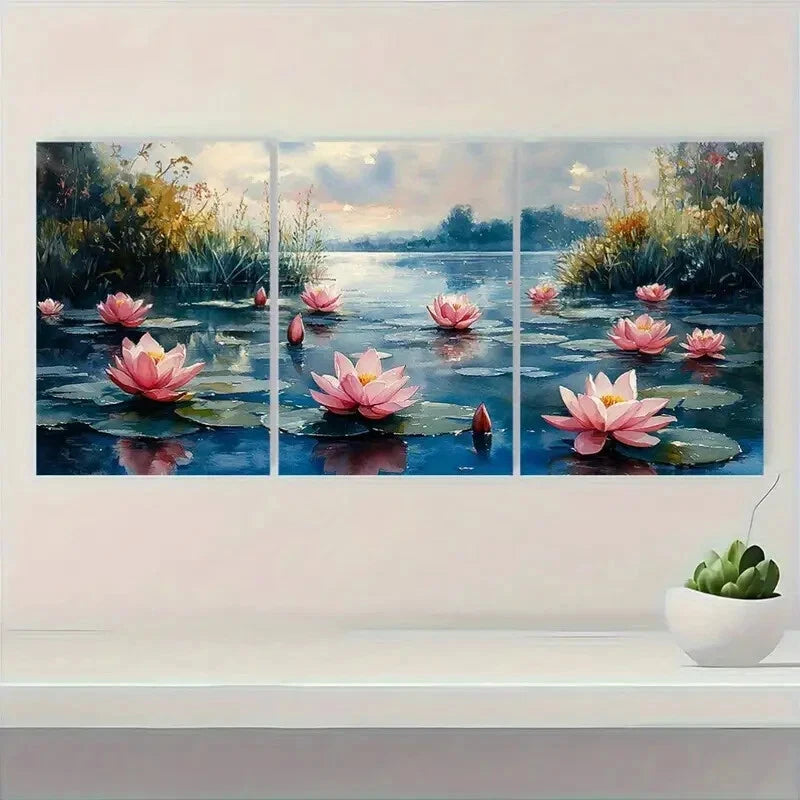 3pcs Water Lily Monet-Inspired Summer Landscape Metal Print Ready to Hang Art - Bella Home Decor