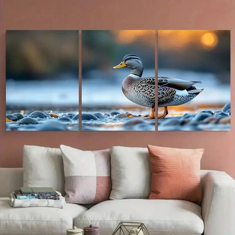 3pcs Wild Grey Duck Standing On The Seashore Metal Print Ready to Hang Art - Bella Home Decor