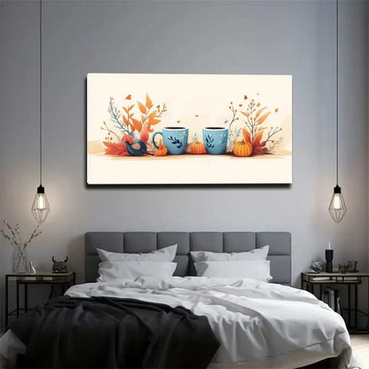 Blue Patterned Cups With Autumn Wall Art Canvas Office Home Room Framed 120x60cm