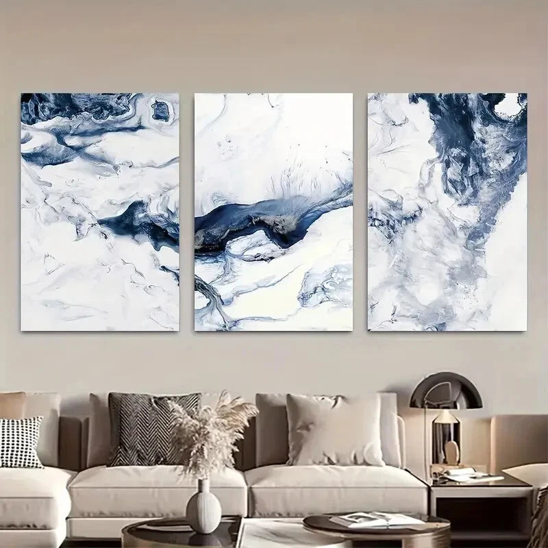 3pcs Featuring Navy Blue And White Ocean Metal Print Ready to Hang Art - Bella Home Decor