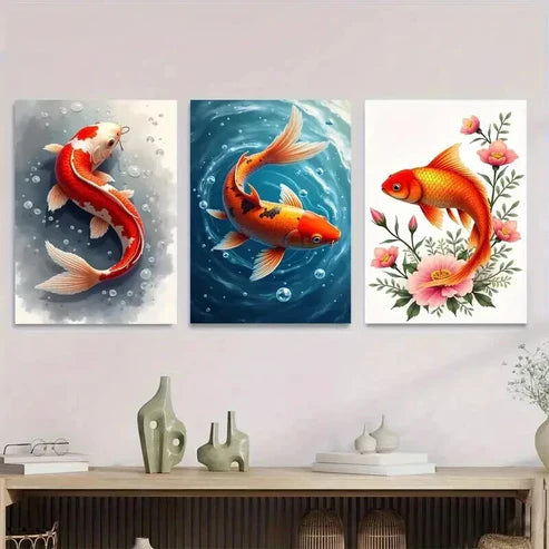 3pcs Modern Koi Fish Orange & White Koi Wall Art Set Canvas Unframed - High Quality Print 100% Australian Made Wall Canvas