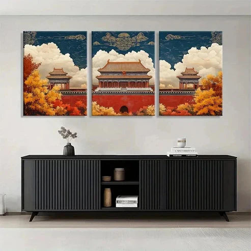 3pcs Chinese Ancient Architecture Sky Perfect Wall Art Set Canvas Unframed - High Quality Print 100% Australian Made Wall Canvas - Bella Home Decor