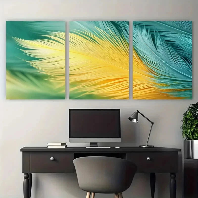 3pcs Fluffy Green Yellow Soft Pastel Feather Metal Print Ready to Hang Art - Bella Home Decor