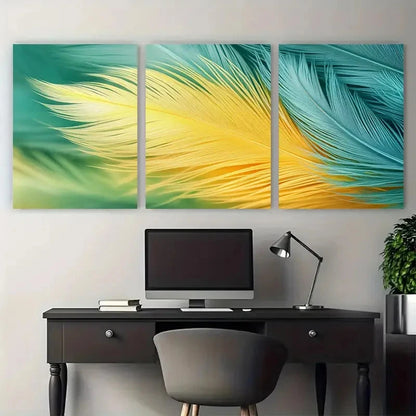 3pcs Fluffy Green Yellow Soft Pastel Feather Metal Print Ready to Hang Art - Bella Home Decor