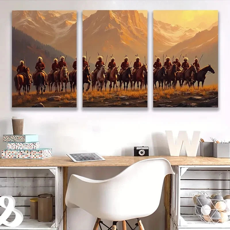 3pcs Sunset Mountain Cowboys & Horses F  Wall Art Set Canvas Framed 40x60cm - High Quality Print 100% Australian Made Wall Canvas Ready to Hang