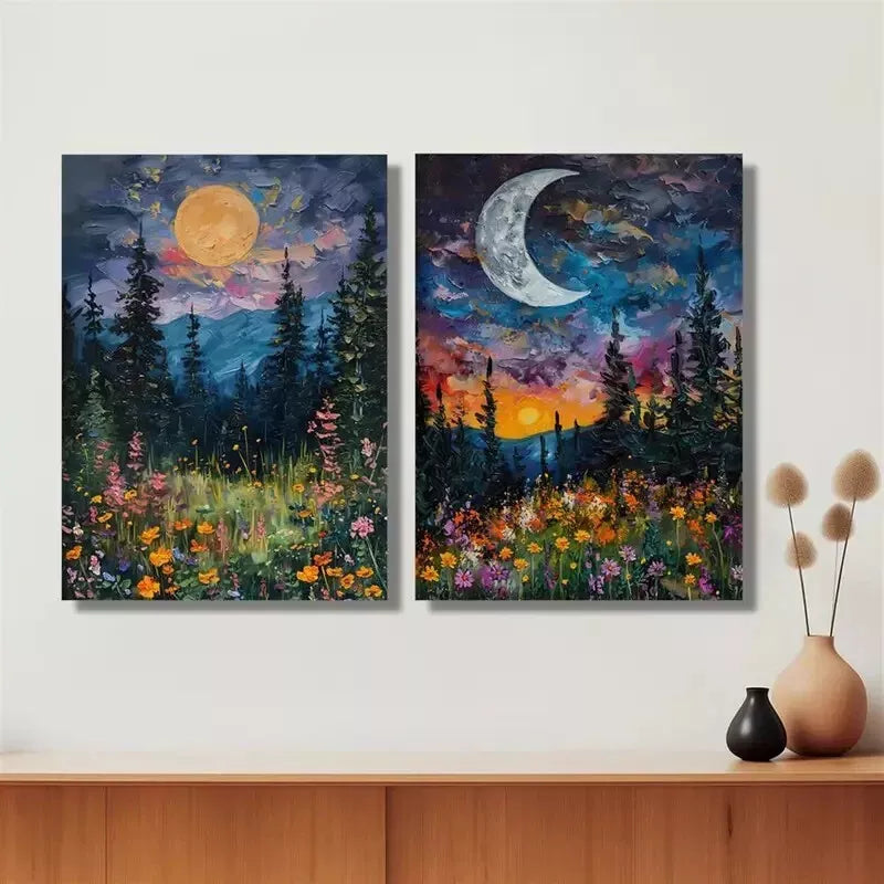 2pcs Vibrant Sun & Moon Floral Oil Paintings Canvas Framed 50x75cm - High Quality Print 100% Australian Made Wall Canvas Ready to Hang - Bella Home Decor