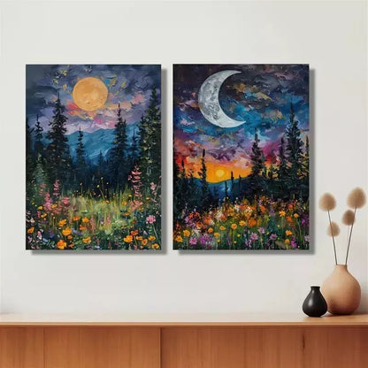 2pcs Vibrant Sun & Moon Floral Oil Paintings Canvas Framed 50x75cm - High Quality Print 100% Australian Made Wall Canvas Ready to Hang - Bella Home Decor