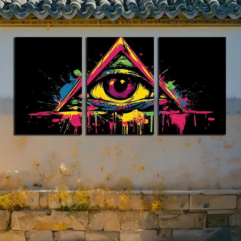 3pcs Vibrant Eyes in The Triangle Paint Splatter Metal Print Ready to Hang Art - Bella Home Decor