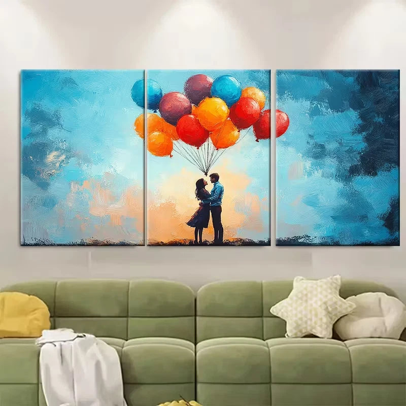 3pcs Couple in Blue Harness with Colorful Balloons Metal Print Ready to Hang Art - Bella Home Decor