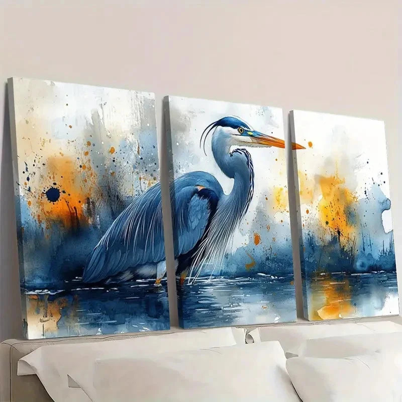 3pcs Painting Great Blue Heron  TR    Wall Art Set Canvas Framed 60x90cm - High Quality Print 100% Australian Made Wall Canvas Ready to Hang