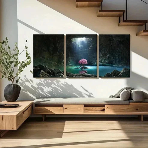 3pcs Mystical Cave with Glowing Tree & Lake Wall Art Canvas Unframed - High Quality Print 100% Australian Made Wall Canvas