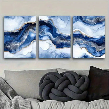 3pcs Blue and Golden Abstract Wave Metal Print Ready to Hang Art - Bella Home Decor